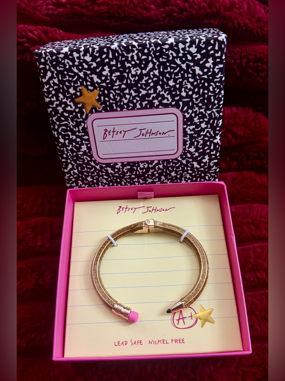 ✏️🩷✏️Betsey Johnson Gold-tone Pencil Bracelet with Pink Eraser and Star Charm